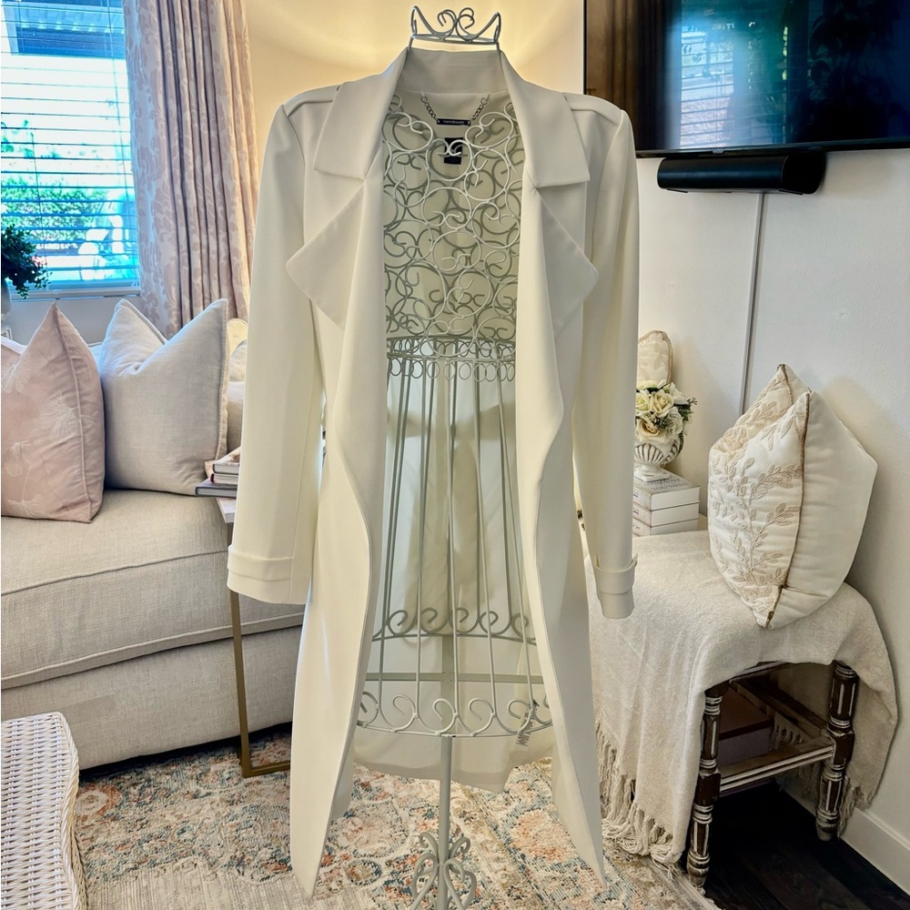 White House Black Market, Winter White/White/OffWhite Long Blazer w/ Belt